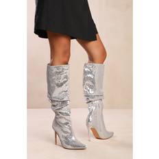 Silver High Boots Where's That From Glimmer Below Knee Sequin Slouch Boots - Silver