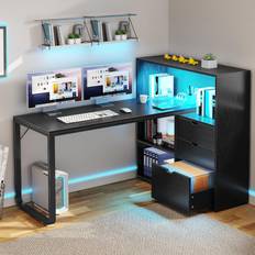 YitaHome L Shaped 55" Corner Computer with 3 Drawers & 3 Storage Shelves Writing Desk