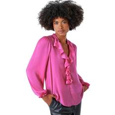 Pink - Women Blouses Roman Satin Ruffle Neck Blouse - Cerise, Pink