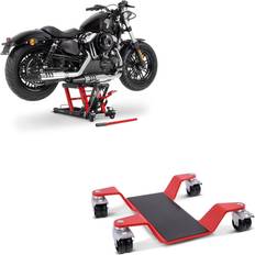 Red Motorcycle Kickstand Pads ConStands Set: Hebebühne Midlift bis 680 kg rot ConStands mit Rangierhilfe für Hauptständer Easy Mover II bis 400kg rot