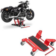 Red Motorcycle Kickstand Pads ConStands Set: Hebebühne Midlift bis 680 kg rot ConStands mit Rangierhilfe für Hauptständer Easy Mover bis 300kg rot