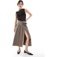 Clothing Bershka Buckle Pleated Midi Skirt - Brown Check