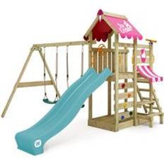 Wickey Wooden climbing frame VanillaFlyer with swing set and slide, Garden playhouse with sandpit, climbing ladder & play-accessories turquoise
