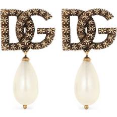 Dolce & Gabbana Drop Earrings with Pearl and DG Logo Gold