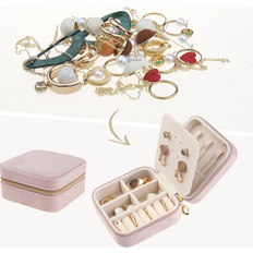 Unique Bargains Travel Jewelry Box for Girl's Birthday Gifts, Mini Portable Plush Velvet Jewelry Organizer Case Storage Display Holder Pink (10x10x5.5cm)