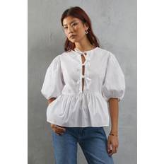 Puff Sleeve Blouses Warehouse Poplin Tie Front Volume Sleeve Blouse - White
