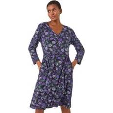 Florals - Purple Dresses Roman Floral Print Button Detail V-Neck Dress - Purple