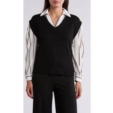 Adrianna Papell Outerwear Adrianna Papell Twofer V-Neck Sweater - Black/Ivory Combo Stripe