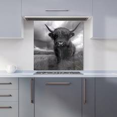 Grey Splash Guards Warren Reed Black And White Highland Cow Kitchen Splashback 600mm x 600mm Splash Guard 60cm