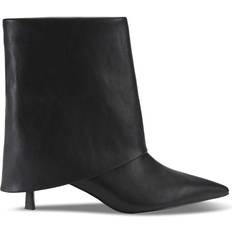 Faux Leather Boots Fierce Foldover Pointed Heeled Ankle Boots - Black