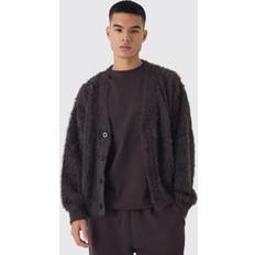 Herre - Oversized Trøjer boohooMAN Oversized Boxy Super Fluffy Knitted Cardigan - Brown