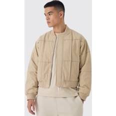 Beige - Bomber-takki Takit boohooMAN Boxy Panel Padded Nylon Bomber Jacket - Stone