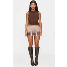 Wool Skirts PrettyLittleThing Faux Fur Trim Wool Look Micro Mini Skirt - Brown