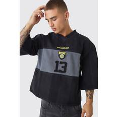 Denim T-shirts boohooMAN Oversized Embroidery Football Denim T-Shirt - Black
