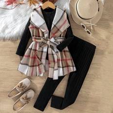 Other Sets Shein Young Girls Plaid Print Lapel Waist Belt Jacket Set