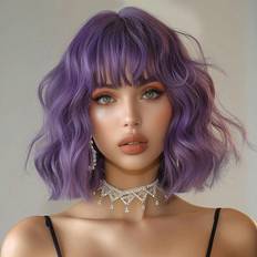 Shein Purple Short Curly Bob Wigs With Bangs For Women Inch Synthetic Curly Bob Wig For Girl Natural Looking Summer Daily Party Cosplay Use