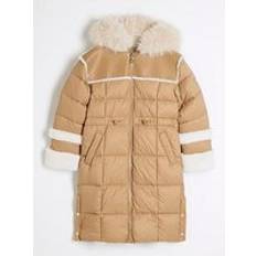 Beige Outerwear River Island Older Girl Faux Fur Trim Puffer Jacket - Beige