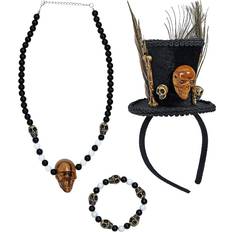 Widmann Klädsel set Voodoo prästinna, minicylinder, pärlhalsband med dödskalle, dödskalle-armband med pärlor, karneval, temafest, halloween