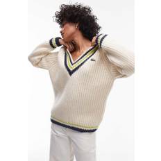 Lacoste Women Jumpers Lacoste v neck stripe jumper in cream-White