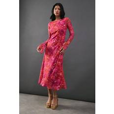 Burnout Floral Chiffon Slash Neck Bias Midi Dress Pink