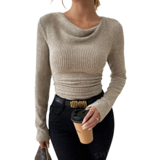 Shein Raffinéa Vintage Asymmetrical Draped Neck Textured Ruched Slim Fit Long Sleeve T-Shirt