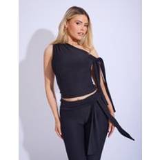 Tank Tops Public Desire Knot Detail Asymmetric One Shoulder Luxe Slinky Top - Black