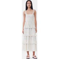Ganni Pleated Georgette Strap Smock Midi Dam - Tofu