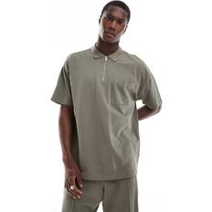 New Look 1/4 zip pique polo shirt co-ord in khaki-Green