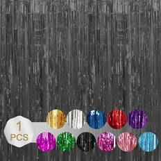 Doorway Party Curtains Thinsont piartly, 1pcs Set 9.8ft Gold Aluminium Foil Photo Backdrop For Birthday Party Streamers Decorations Tinsel Curtain Backdrop Fringe Black 9.8ft