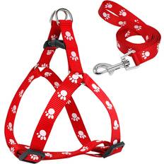 Pets Maxpower (S, Red) Nylon Dog Harness and Leash Set Adjustable Paw Print Dog Harness Walking