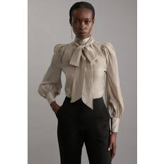 Karen Millen Women Tops Karen Millen Organdie Woven Pussybow Blouse Champagne