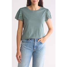 Clothing C&C California Margot Mixed Media Eyelet Sleeve T-Shirt in North Atlantic (Large)