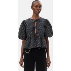 Ganni Black Printed Cotton Peplum Blouse Women's