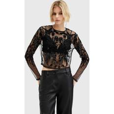 AllSaints Dam Blusar AllSaints Greta Embroidered Sheer Top, Black