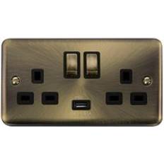 SE Home Curved Antique Brass 2 Gang 13A dp Ingot 1 USB Twin Double Switched Plug Socket