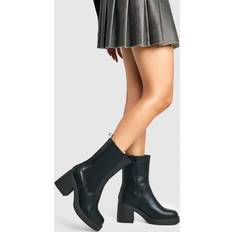 Shoes boohoo Womens Wide Fit Tab Detail Chunky Calf High Boots - Black