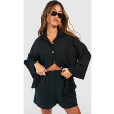 Women Shorts boohoo Textured Lightweight Cotton Elasticated Waist Shorts - Black