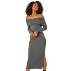 Dusk Off The Shoulder Stretch Bardot Midi Dress Grey