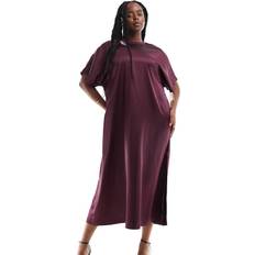 ASOS Dresses ASOS ASOS DESIGN Curve satin oversized midi tshirt dress in burgundy-Red