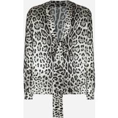 Dolce & Gabbana Grey Shirts Dolce & Gabbana Leopard silk shirt with pussy-bow multicolor