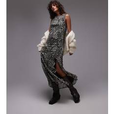 Midi Dresses - Transparent Topshop high neck sheer frill raw edge midi dress in animal print-Multi