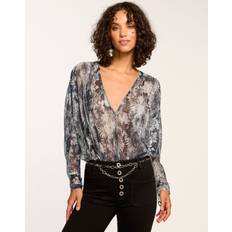 Grey Bodysuits Ramy Brook Metallic Floral Long-Sleeve Bodysuit - Dove Grey
