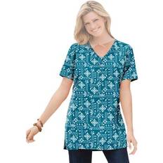 Woman Within Women Blouses Woman Within Plus Women's Perfect Printed Short-Sleeve Shirred V-Neck Tunic in Deep Teal Patchwork (Size 5X)