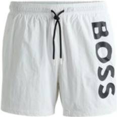 Men - Swim Shorts Swimming Trunks BOSS White Vertical Logo Print Swim Shorts White