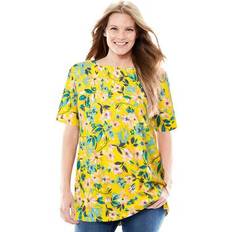 Woman Within Women Blouses Woman Within Plus Women's Perfect Printed Short-Sleeve Boatneck Tunic in Primrose Yellow Painterly Bloom (Size 3X)