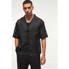 Men - Mesh Shirts boohooMAN Mens Oversized Mesh Pleated Revere Boxy Shirt Black