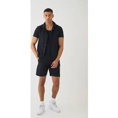 Polyester Schlafanzüge boohooMAN Mens Jacquard Hemd & Shorts Set Schwarz XS, Schwarz