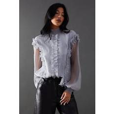 Silver - Women Blouses Warehouse Shirred Chiffon Ruffle Detail High Neck Blouse - Silver