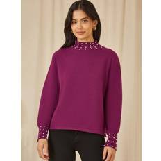 Knitted Sweaters - Purple Jumpers Plum Pearl Detail High Neck Jumper - Purple