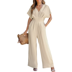 Beige - Women Jumpsuits & Overalls Cupshe Women's V-Neck Short Sleeve Straight Leg Jumpsuit - Khaki